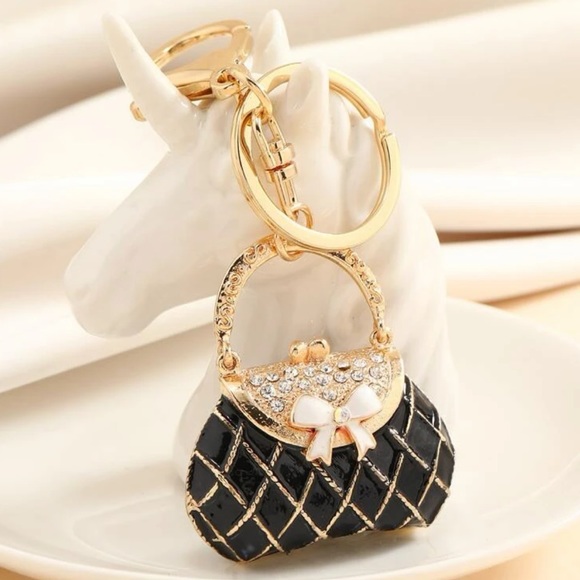 Black bag keychain bag charm Rhinestone accents - Picture 2 of 4